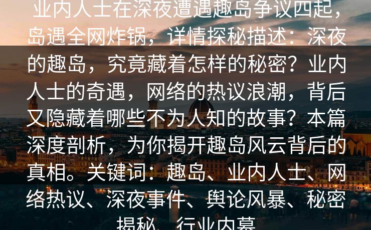 业内人士在深夜遭遇趣岛争议四起，岛遇全网炸锅，详情探秘描述：深夜的趣岛，究竟藏着怎样的秘密？业内人士的奇遇，网络的热议浪潮，背后又隐藏着哪些不为人知的故事？本篇深度剖析，为你揭开趣岛风云背后的真相。关键词：趣岛、业内人士、网络热议、深夜事件、舆论风暴、秘密揭秘、行业内幕